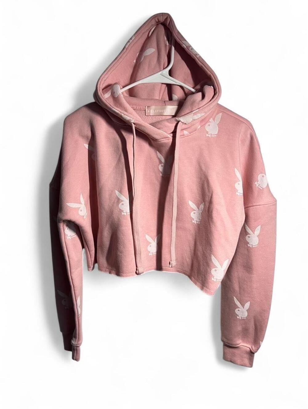 Missguided x Playboy Pink All Over Print Cropped Hoodie Monogram